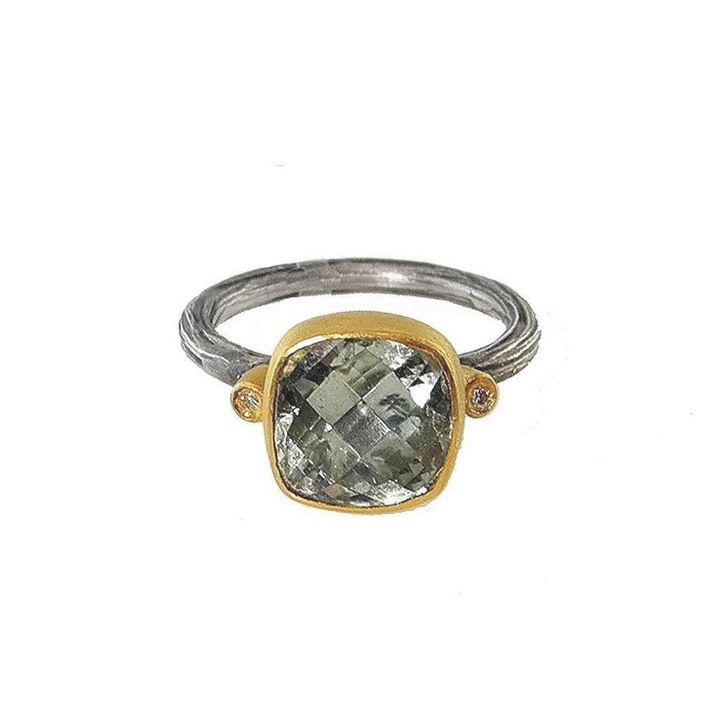 Green Blue Topaz ring with diamonds, gold and oxidized silver band.
