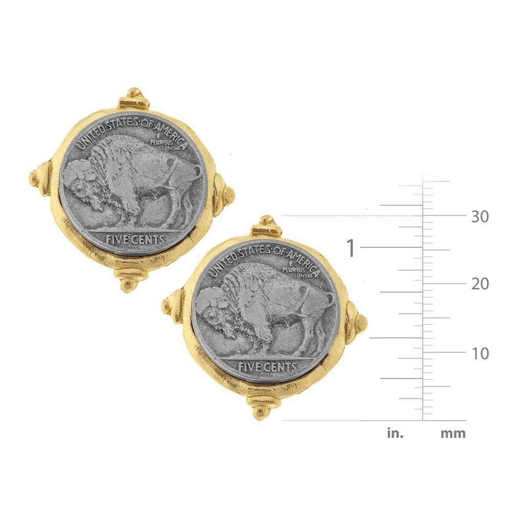 Gold-framed nickel earrings featuring a buffalo design.
