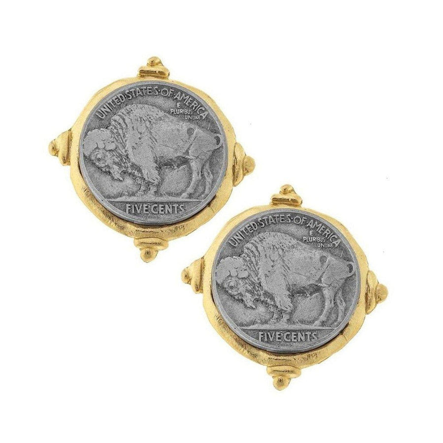 Buffalo nickel coin stud earrings with gold accents
