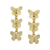 Gold butterfly dangle earrings; three detailed butterflies per earring, connected by delicate chains.
