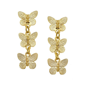 Gold butterfly dangle earrings; three detailed butterflies per earring, connected by delicate chains.
