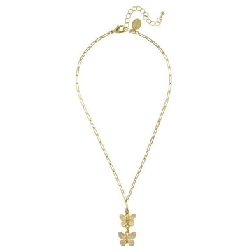 Gold necklace featuring a delicate paperclip chain and double butterfly pendant.
