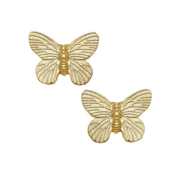 Gold butterfly stud earrings; delicate, detailed design.
