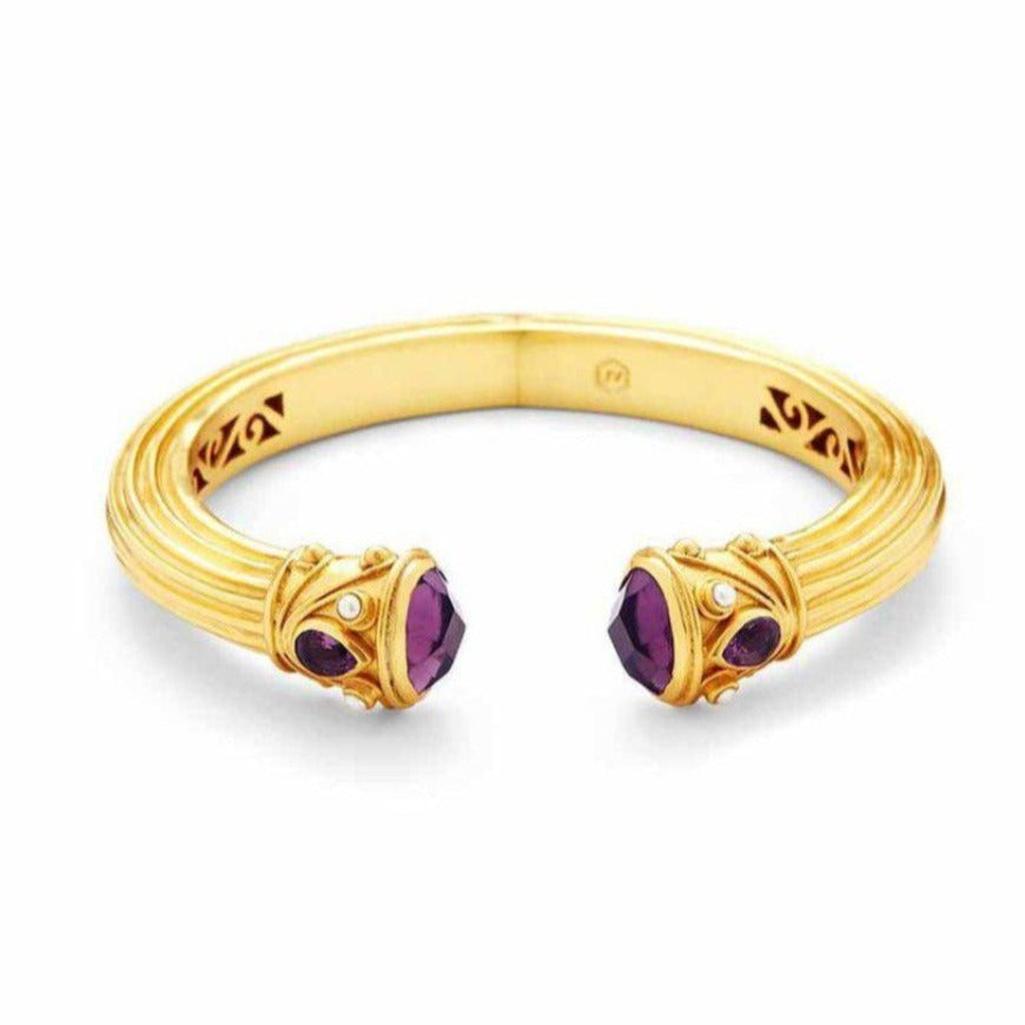 Gold Byzantine Demi Hinge Cuff bracelet with amethyst and pearl accents.
