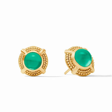 Gold cabochon stud earrings with vibrant green stones.
