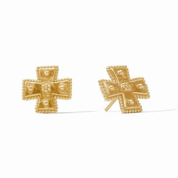 Gold Canterbury Studs: Cross-shaped earrings with textured detail.
