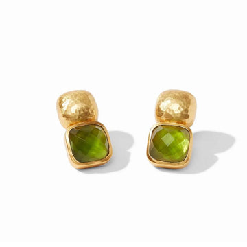Gold clip-on earrings featuring square green gemstones.
