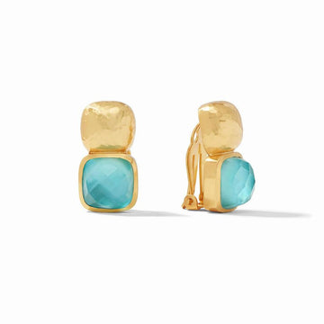 Gold clip-on earrings featuring teal gemstone accents.
