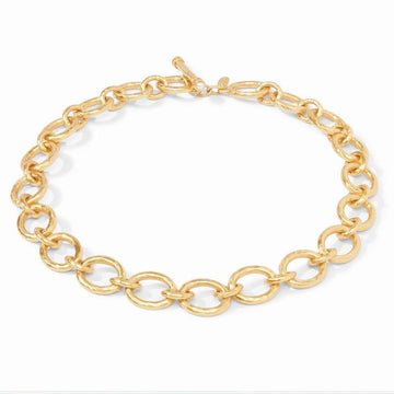 Gold hammered link necklace with toggle clasp.
