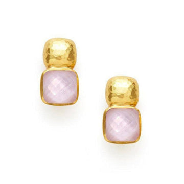 Gold and pale pink gemstone earrings; square-cut stones in a two-stone design.
