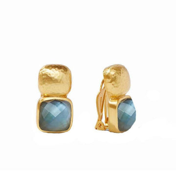 Gold clip-on earrings featuring a blue gemstone and textured gold accents.
