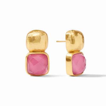 Gold and pink gemstone statement earrings; square and dome shapes.
