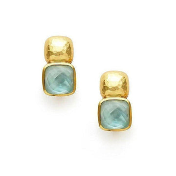 Gold and blue aquamarine gemstone earrings; square-shaped stones.
