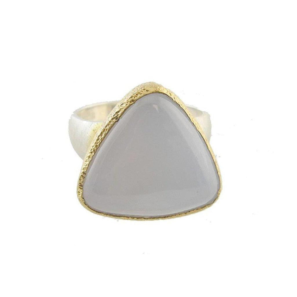 Silver and gold Chalcedony ring featuring a triangular grey gemstone.

