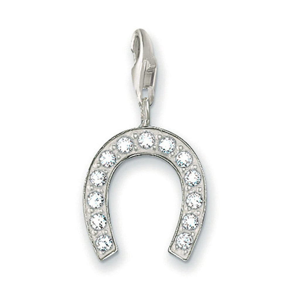Silver horseshoe charm with clear cubic zirconia accents.
