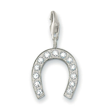 Silver horseshoe charm with clear cubic zirconia accents.
