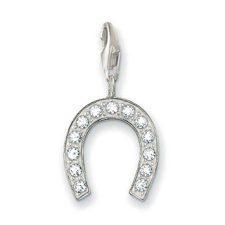 Silver horseshoe charm with clear cubic zirconia accents.
