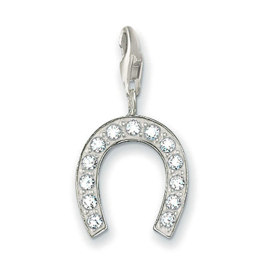 Silver horseshoe charm with clear cubic zirconia accents.
