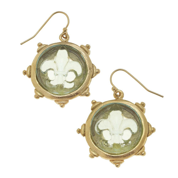 Clear Venetian glass fleur de lis earrings with gold-tone accents
