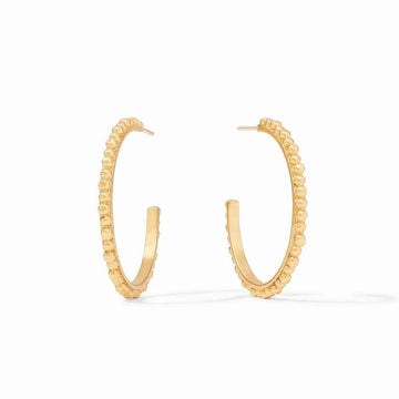 Gold beaded hoop earrings, shown on a white background.

