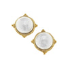 Cotton Pearl Stud Earrings: Elegant gold-framed white pearl studs.
