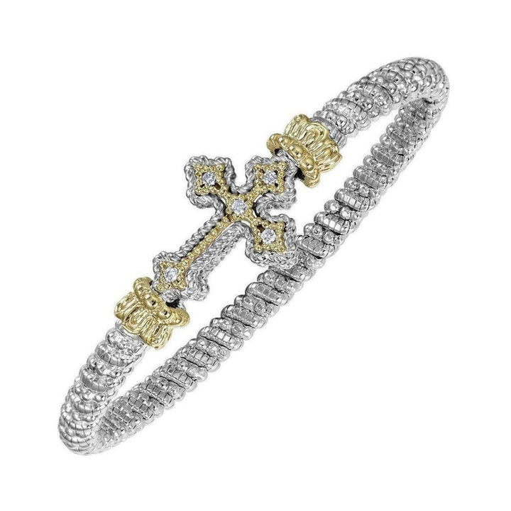 Diamond Cross Bracelet with textured silver and gold band.
