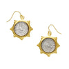 Dove Coin Drop Earrings: Gold-tone setting, silver coin accents.
