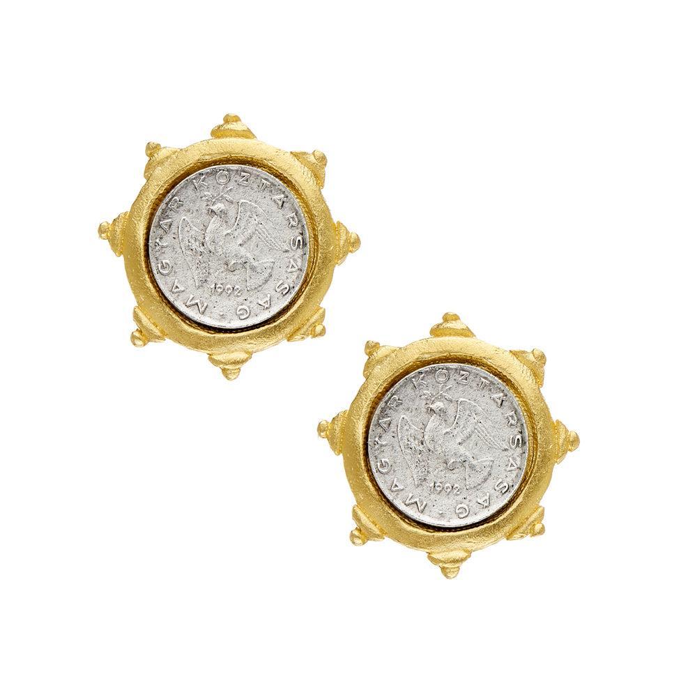 Dove Coin Studs: Gold-plated, silver coin earrings featuring a unique sunburst design.
