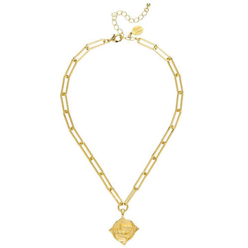 Gold paperclip chain necklace with ornate medallion pendant.
