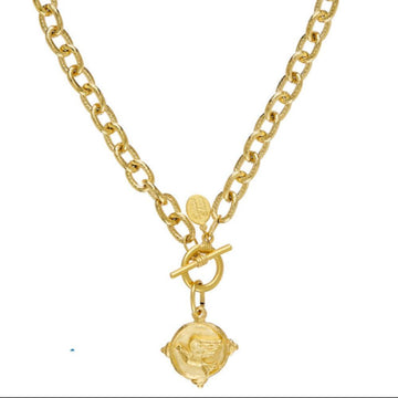 Dove Intaglio gold toggle necklace with textured chain and embossed medallion.
