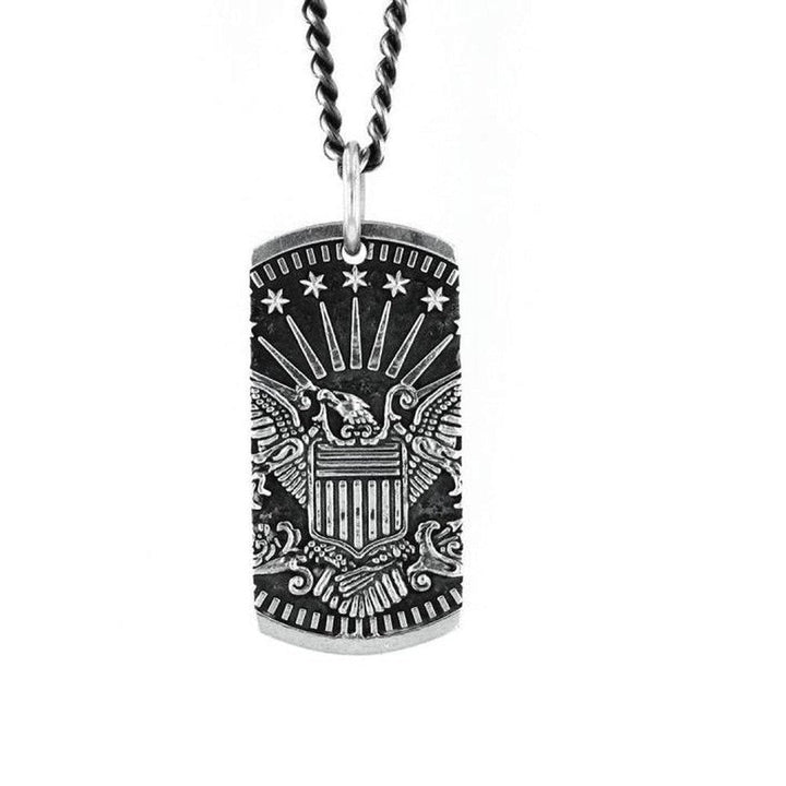 Silver Eagle dog tag pendant necklace featuring an American eagle design.
