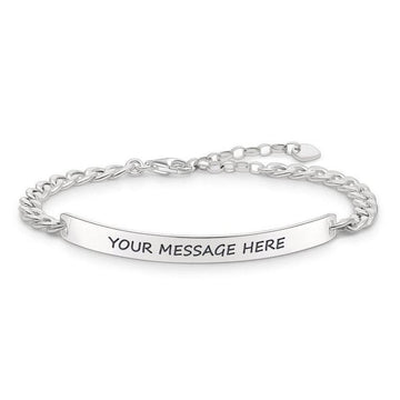 Silver curb chain bracelet with engravable bar; personalize with a message.
