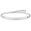 Engravable silver bracelet with chain and heart charm, personalized jewelry gift.
