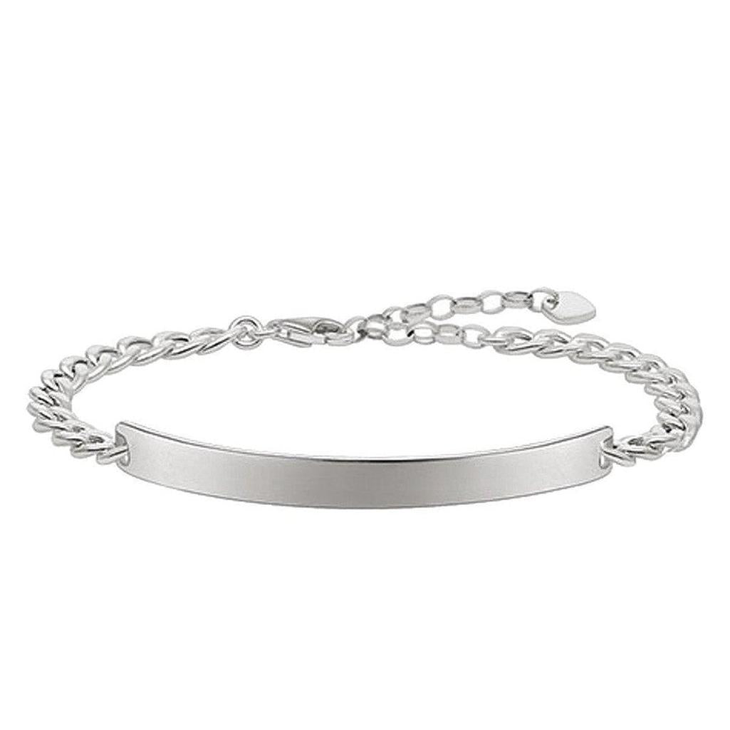 Silver engravable bracelet with curb chain and ID plate.
