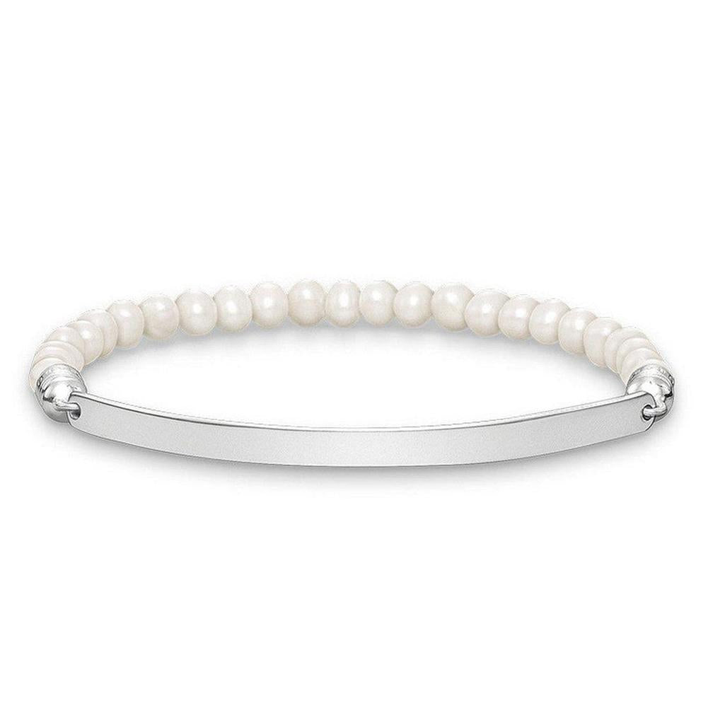 Engravable ID bracelet with white pearl beads and silver bar
