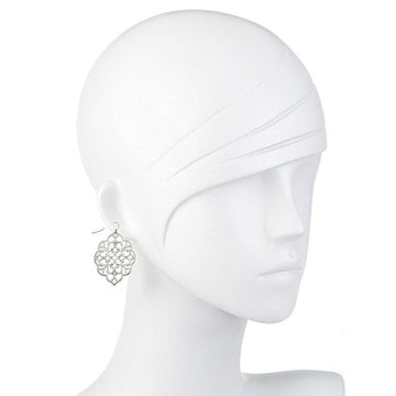 Silver filigree dangle earrings on a mannequin.
