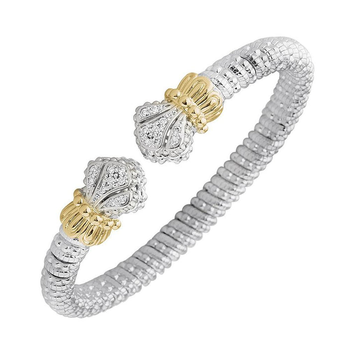 Fleur De Lis diamond bracelet, silver and gold, textured band, sparkling accents
