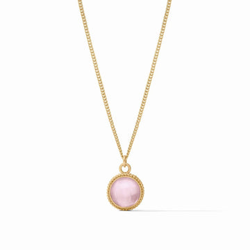 Gold chain necklace with a delicate pink gemstone pendant.
