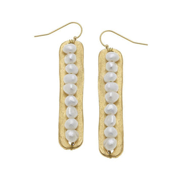 Freshwater Pearl & Handcast Gold Bar Earrings: Elegant, gold-toned bar earrings featuring a row of lustrous white pearls.
