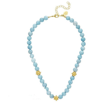 Genuine Blue Jasper beaded necklace with handcast gold accents.
