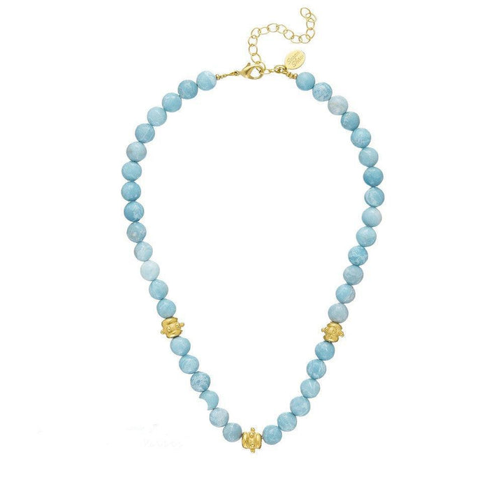 Genuine Blue Jasper beaded necklace with handcast gold accents.
