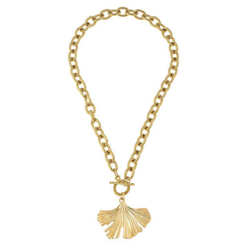 Gold ginkgo leaf pendant necklace with chunky chain and toggle clasp.
