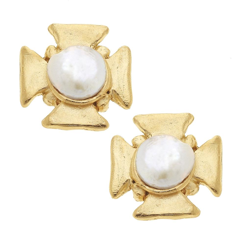 Gold cross earrings with pearl accents
