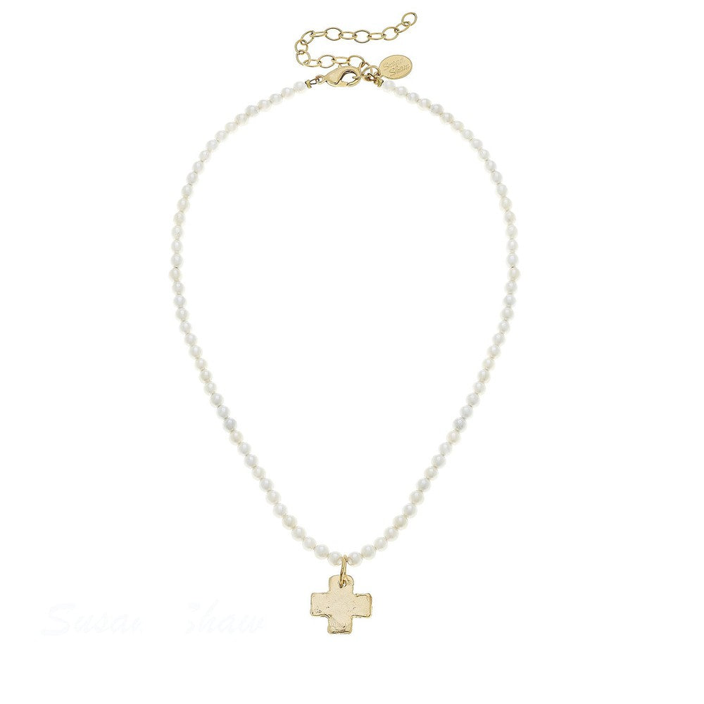 Gold Cross on Pearl Strand-Susan Shaw-Swag Designer Jewelry