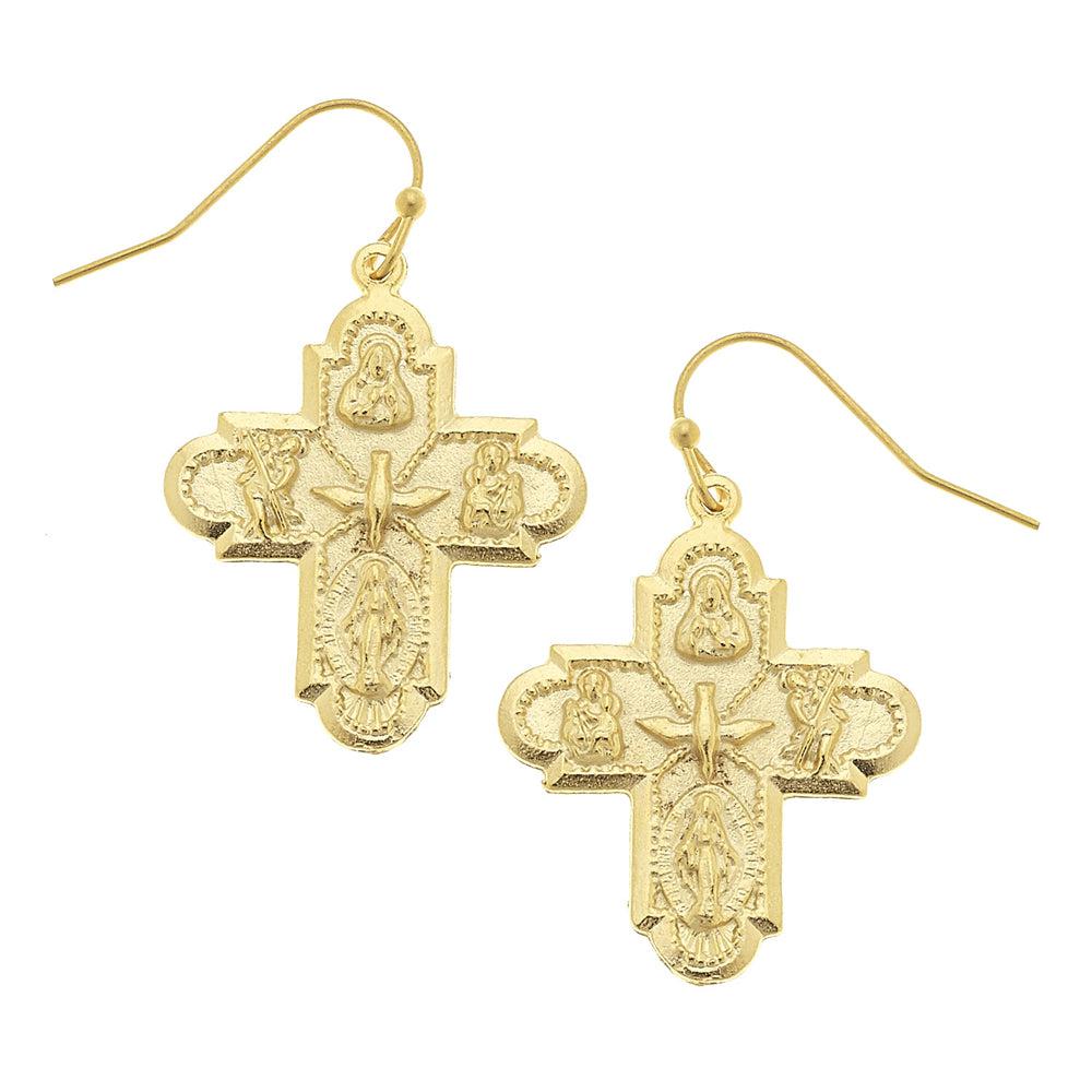 Gold Family Cross dangle earrings with detailed religious medallions.
