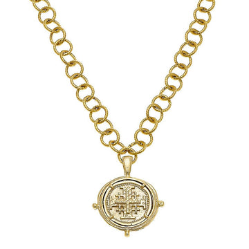 Gold Jerusalem Cross Intaglio necklace with textured gold chain.
