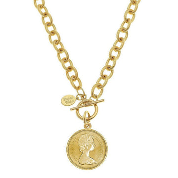 Gold Queen Coin necklace with toggle clasp, Sarah Shaw
