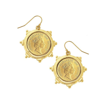 Gold Queen Elizabeth Coin Dangle earrings:  Gold-tone Queen Elizabeth II coin design.
