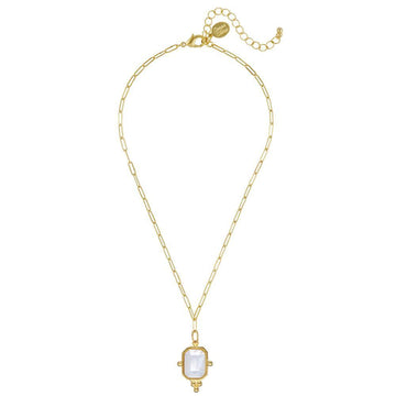 Gold paperclip chain necklace with a rectangular opal pendant.
