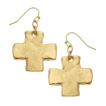 Gold hammered cross dangle earrings with textured finish
